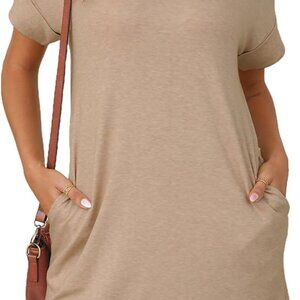 Womens Summer T Shirt Dress Cotton Blend Short Sleeve V Neck Pockets